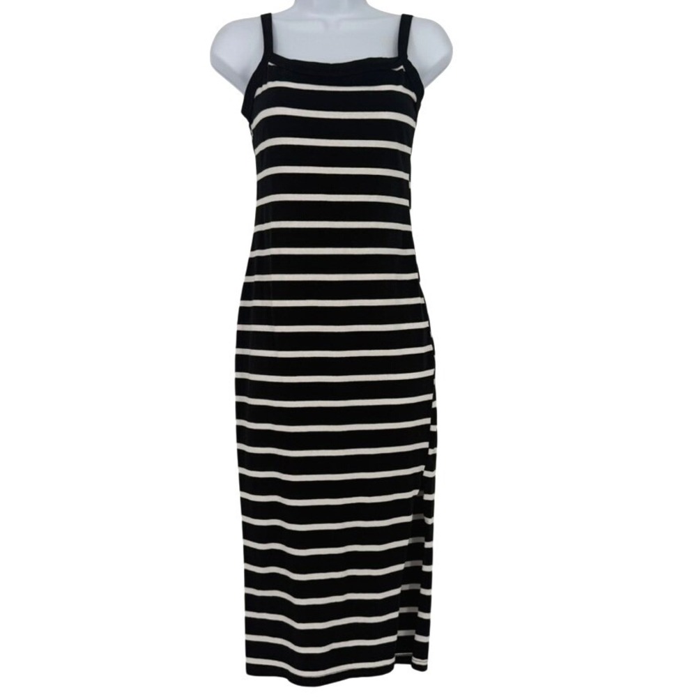 Womens Black White‎ Striped Midi Tank Dress Side Slit Nautical Parisian M